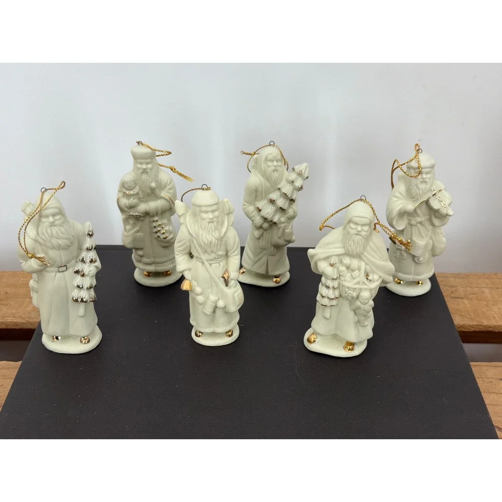 Vintage Bisque Porcelain Santa Claus Ornaments Gold Accents Set of 6 Cream 4
